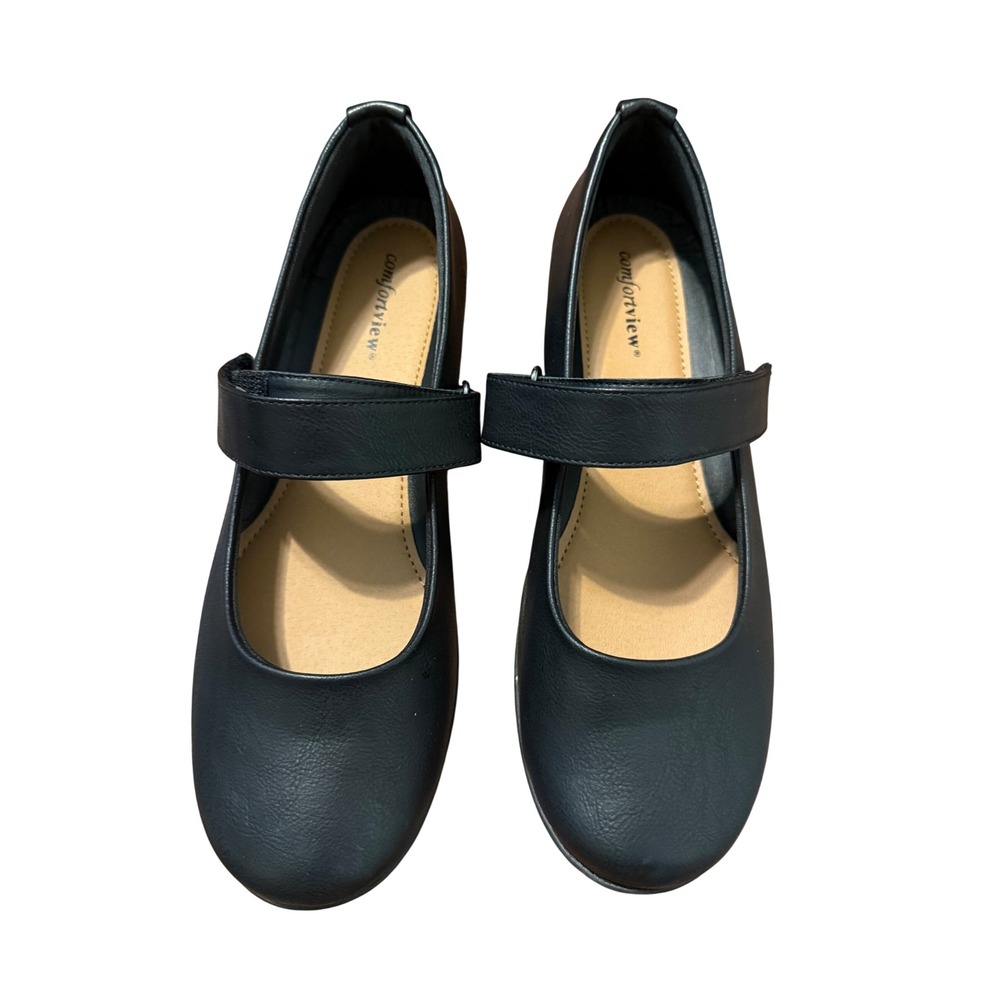Comfortview Womens Black Mary Jane Flats‎ Hook Loop Strap Low Wedge Shoes 11M